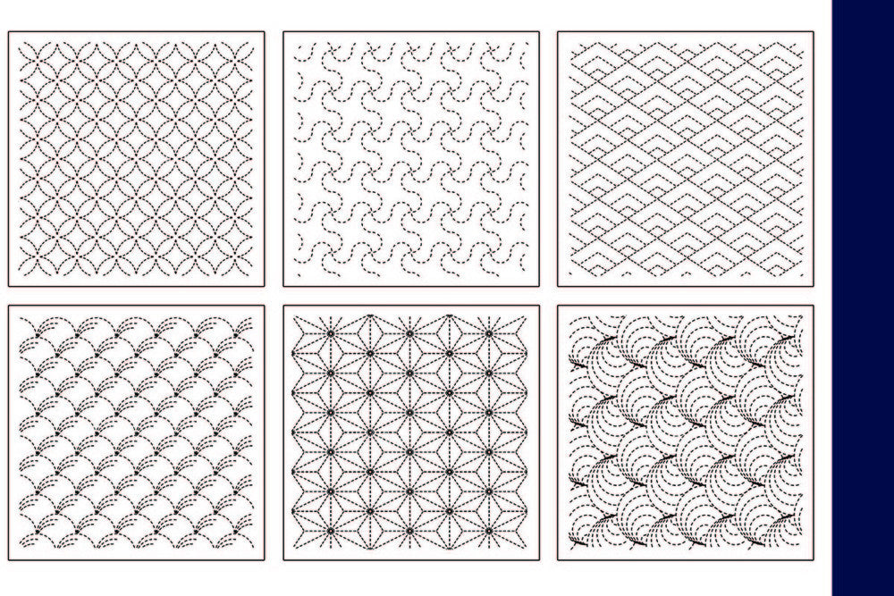 Sashiko Pre-printed Wholecloth Sashiko Sampler - 6 Block Traditional Design Sampler - Indigo