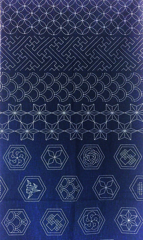 Sashiko Pre-printed Panel - HM-21 - Hexagon Crests & Traditional Motifs - Dark Navy-Indigo
