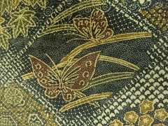 817 - Japanese Silk - Geometric Design with Butterflies, Maple Leaves & Flowes - Dark Olive, Brown & Gold
