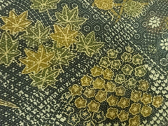 817 - Japanese Silk - Geometric Design with Butterflies, Maple Leaves & Flowes - Dark Olive, Brown & Gold