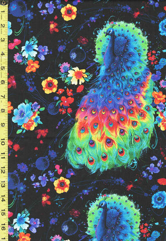 *Novelty - Timeless Treasures Rainbow Peacock & Flowers - Plume- C8412 - Black - ON SALE - Save 20% - By the Yard