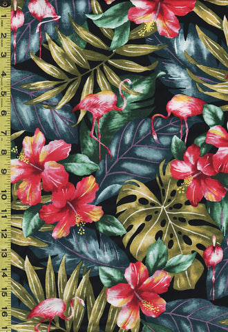 *Tropical - Hibiscus and Flamingos - TX-1904 - Black - ON SALE - SAVE 20%