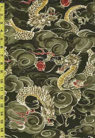 Japanese - KOKKA Todoroki Dragons in the Clouds - Dobby Weave - YGA-49110-3C75 - Olive - SAVE 25% - LAST 1 YARD