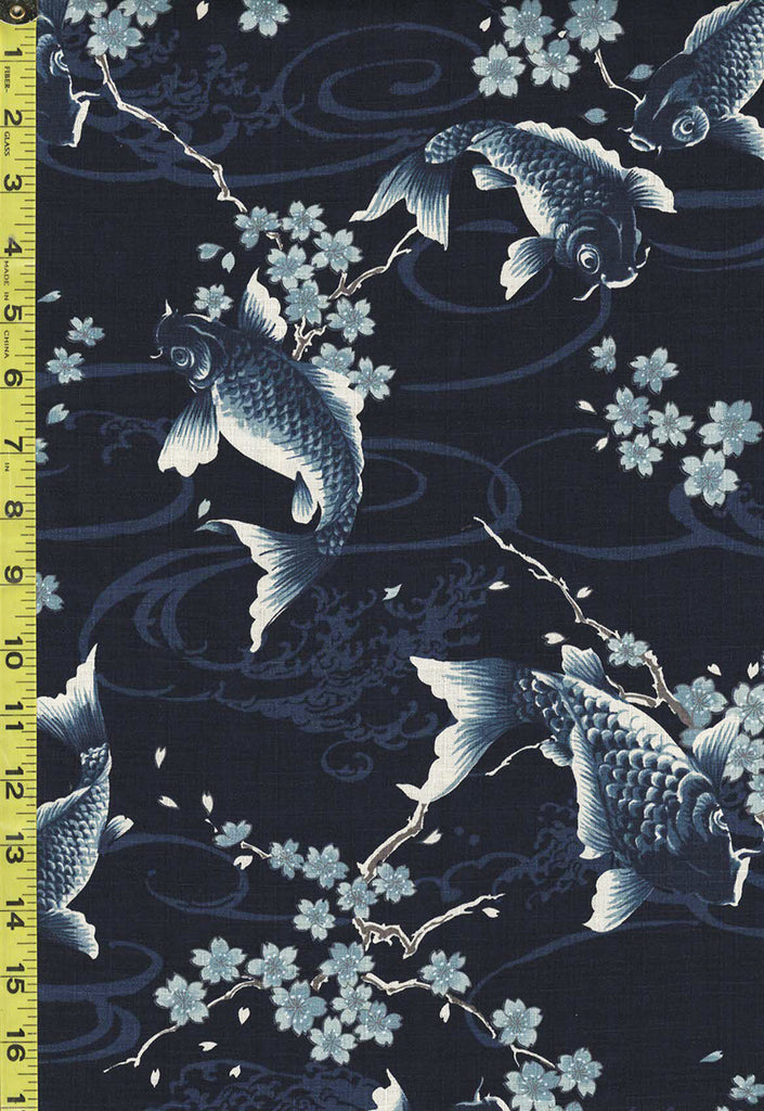 Japanese - KOKKA Todoroki Koi & Cherry Blossoms - Dobby Weave - YGA-49110-C32 - Indigo - Last 1 2/3 Yards