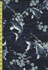 Japanese - KOKKA Todoroki Koi & Cherry Blossoms - Dobby Weave - YGA-49110-C32 - Indigo - Last 1 2/3 Yards