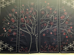 Sashiko Pre-printed Panel - HM-24 - Cherry Tree in Spring- Large 4-part panel - Navy
