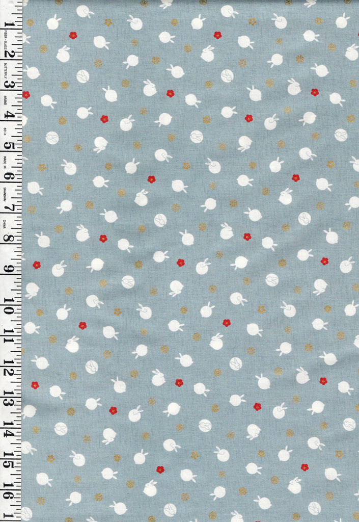 Quilt Gate - Usagi Collection - Tiny Floating Bunnies & Plum Blossoms - HR3420-11C - Soft Blue Gray - By The Half Yard