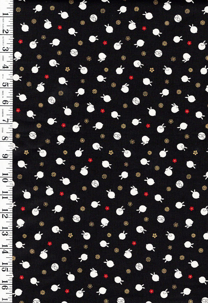Quilt Gate - Usagi Collection - Tiny Floating Bunnies & Plum Blossoms - HR3420-11F - Black - By the Half Yard