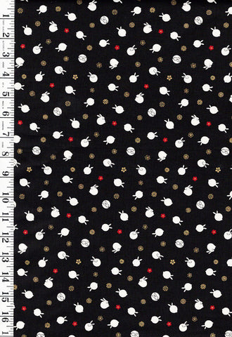 Quilt Gate - Usagi Collection - Tiny Floating Bunnies & Plum Blossoms - HR3420-11F - Black - By the Half Yard