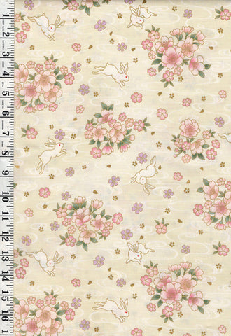 Quilt Gate - Usagi Collection - Bunnies, Blossoms & River Swirls - HR3420-12A- Cream - Last 2 Yards
