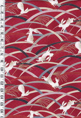 Quilt Gate - Usagi Collection - Playful Bunnies & Colorful Grasses - HR3420-13D - Red - Last 1/4 yard