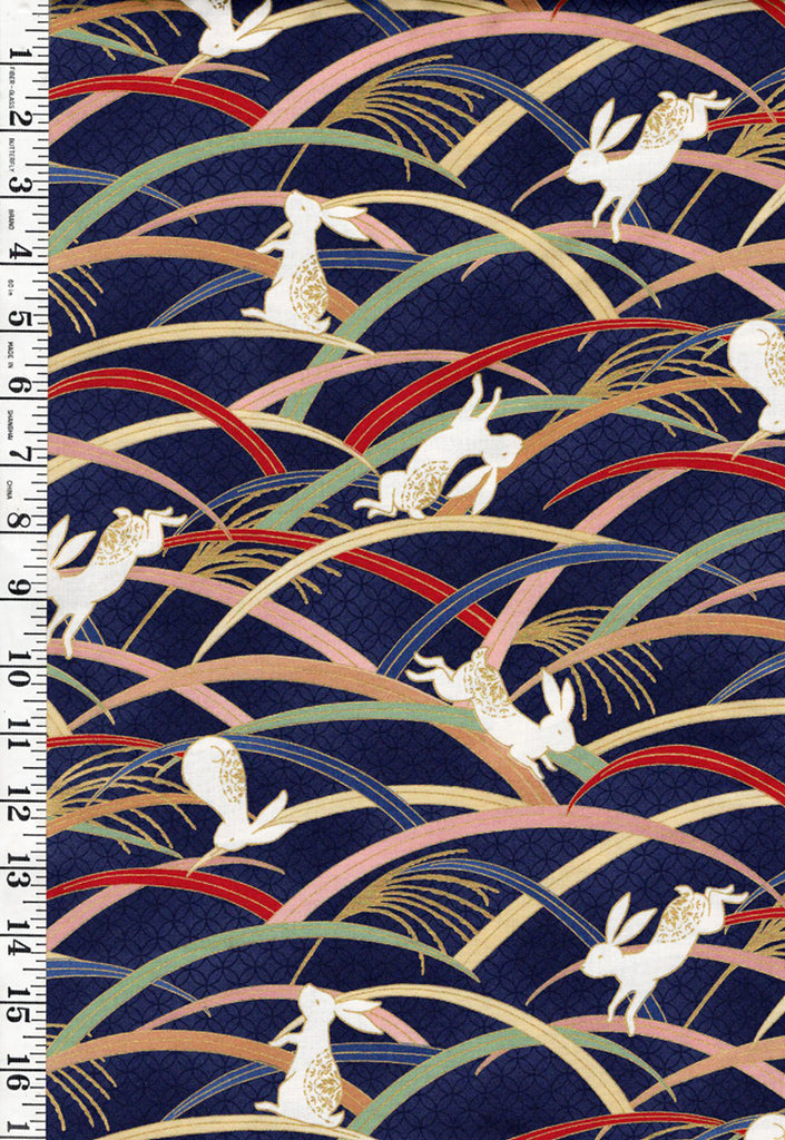 Quilt Gate - Usagi Collection - Playful Bunnies & Colorful Grasses - HR3420-13E - Navy - By the Half Yard