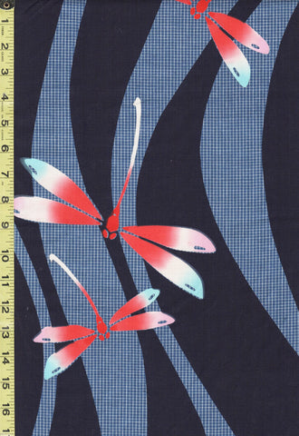 Yukata Fabric - 562 - Dragonflies on Wavy Checkered Bands - Indigo