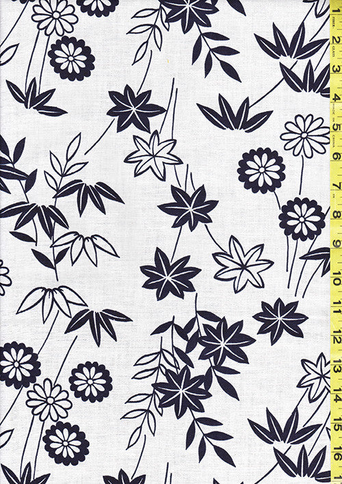 Yukata Fabric - 0103 - Mums, Maple Leaves & Bamboo - White