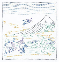 Sashiko Pre-printed Sampler (Olympus) - Hokusai "Soushuu Umezawa-no-Hidari" - Seven Cranes KIT - SK-408 - White