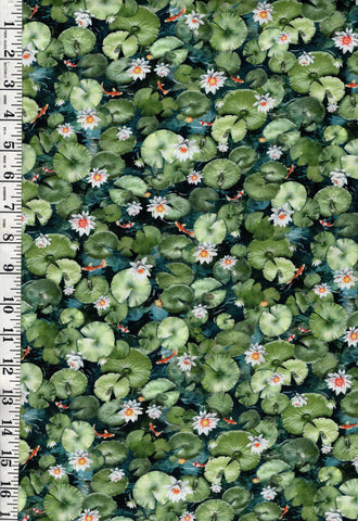 *Asian - KOI POND - Colorful Tiny Koi, Lily Pads & Water Lilies - 05633-MU - Very Dark Navy