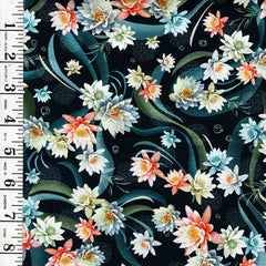 *Asian - KOI POND - Colorful Floating Water Lilies & Water Swirls - 05634-N - Very Dark Navy