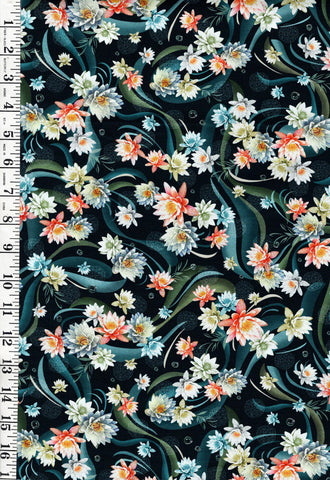 *Asian - KOI POND - Colorful Floating Water Lilies & Water Swirls - 05634-N - Very Dark Navy