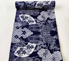 Yukata Fabric - 1000 - Floral Fans, Mums & River Swirls- Traditional 14" wide - Indigo