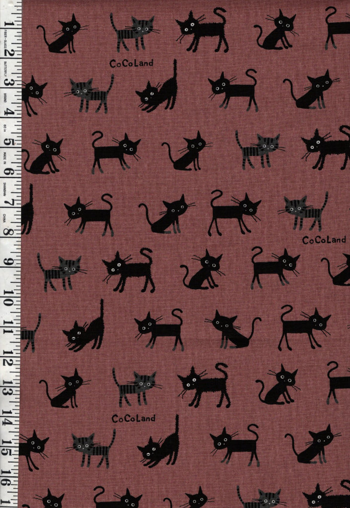 Japanese Novelty - Cocoland SMALL Wide-Eyed Cats - Cotton-Linen - CO-10016-2B - DARK ROSEY BROWN