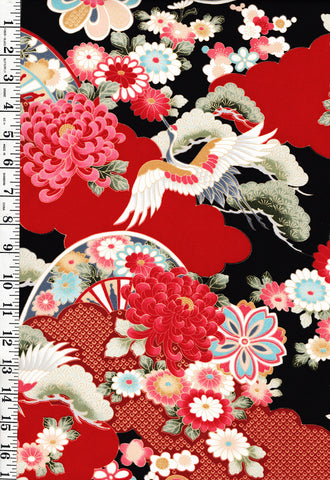 1002 - Japanese Silk - Beautiful Flying Cranes, Mums & Peonies - Black-Red