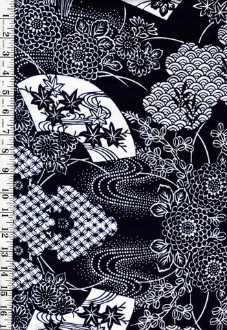 Yukata Fabric - 1005 - Iris, Floral Fans, Mums & Clamshell Motif  - Traditional 14