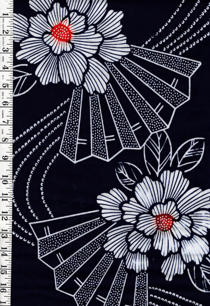 Yukata Fabric - 1016 - Peonies, Fans & River Swirls - Traditional 14" wide - Indigo