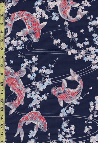 *Japanese - Hokkoh Colorful Koi & Cherry Blossoms - Dobby Weave - 1023-1110-2D - Dark Navy-Indigo