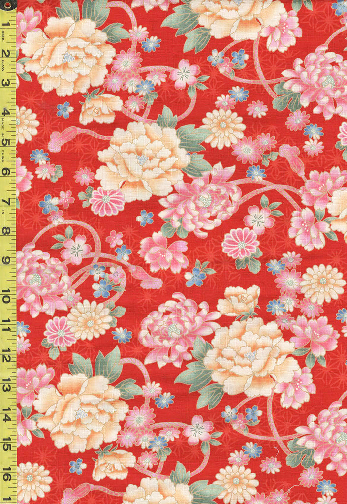 Japanese - Hokkoh Colorful Peonies, Mums & Daisies - Dobby Weave - 1023-1120-5C - Red