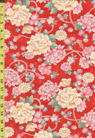 *Japanese - Hokkoh Colorful Peonies, Mums & Daisies - Dobby Weave - 1023-1120-5C - Red