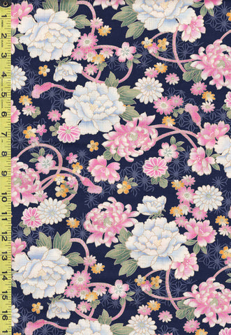 *Japanese - Hokkoh Colorful Peonies, Mums & Daisies - Dobby Weave - 1023-1120-5D - Dark Navy - Indigo