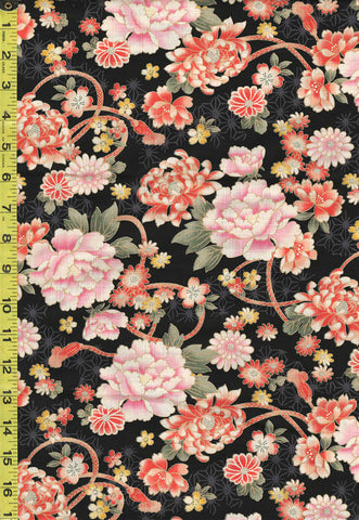 *Japanese - Hokkoh Colorful Peonies, Mums & Daisies - Dobby Weave - 1023-1120-5E - Black