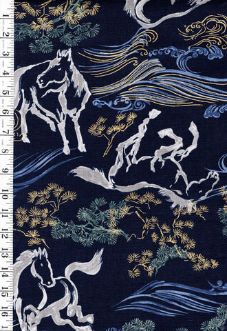 *Japanese - Hokkoh Year of the Horse - Dobby Weave - 1025-1120-4D-Navy - By the Half Yard