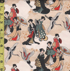 *Asian - Kimonos, Koi & Dragons - Small Geisha & Flying Cranes - 120-4327 - Cream