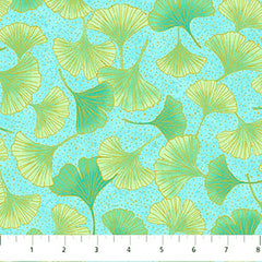 *Asian - Northcott Ginkgo - Shimmer Floating Ginkgo Leaves & Pindot - 26854M-64 - Turquoise