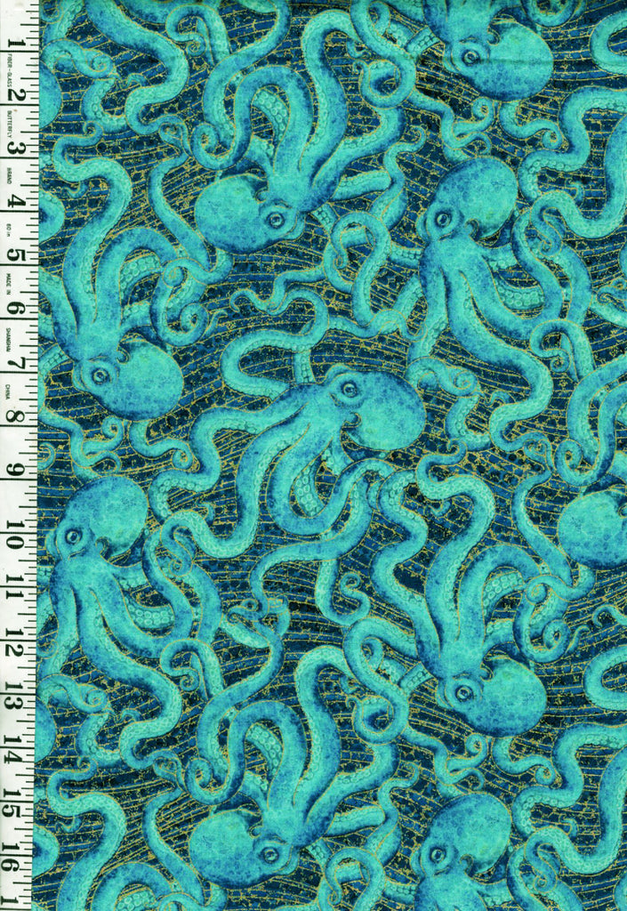 **Fabric Art - Northcott Enigma - Octopus & Water Swirls - 28182M-48 - Dark Blue Multi - By the Half