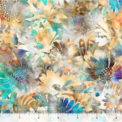 *Tropical - Valencia - Compact Floral - 29034-A - Tan, Blue, Copper, Turquoise - Last 2 3/4 Yards