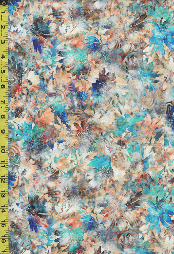 *Tropical - Valencia - Compact Floral - 29034-A - Tan, Blue, Copper, Turquoise - Last 2 3/4 Yards