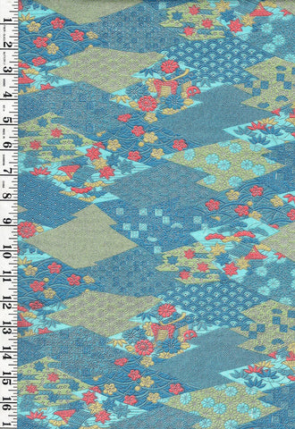 301 - Japanese Silk - Silk Blend - Small Flowers, Maple Leaves & Geometrics - Blue