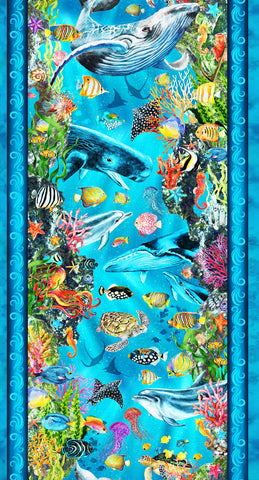 *Tropical - In the Beginning - CALYPSO III - Large Scale Sea Life Border Stripe - 31CAL-2 - TEAL - By the Half Yard