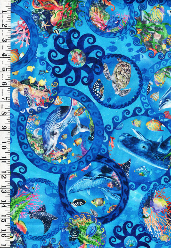 *Tropical - In the Beginning - CALYPSO III - Large Ocean Sea Life Circles - 32CAL-1 - BLUE - By the Half Yard