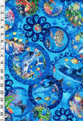 *Tropical - In the Beginning - CALYPSO III - Large Ocean Sea Life Circles - 32CAL-1 - BLUE - By the Half Yard