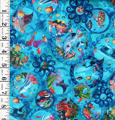 *Tropical - In the Beginning - CALYPSO III - Small Ocean Sea Life Circles - 33CAL-2 - TEAL - By the Half Yard