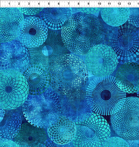 *Fabric Art - In the Beginning - Halcyon- Graphic Circles & Stylized Mums - 3HN-2 - Blues