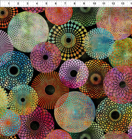*Fabric Art - In the Beginning - Halcyon- Graphic Circles & Stylized Mums - 3HN-5 - Bright Multi-Colors on Black - Last 2 1/4 Yards
