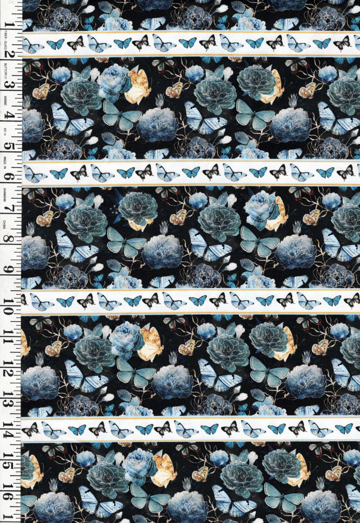 *Asian - Gilded Wings - Butterflies, Peonies & Roses STRIPE - 5076-01 - Black - By the Half Yard