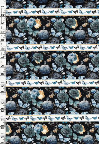 *Asian - Gilded Wings - Butterflies, Peonies & Roses STRIPE - 5076-01 - Black - By the Half Yard