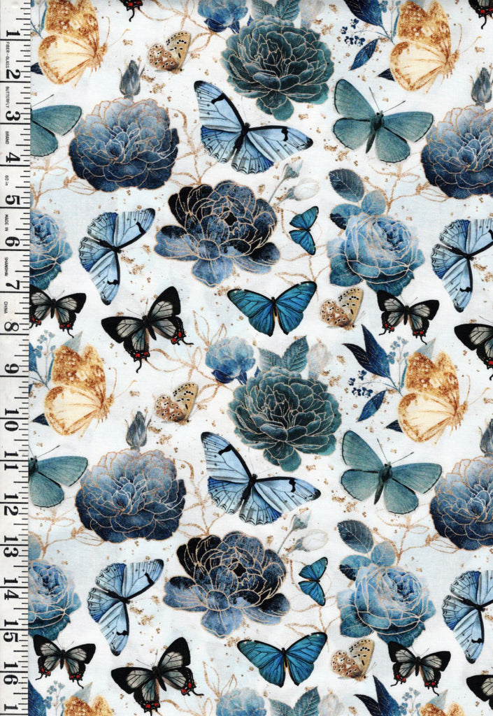 *Asian - Gilded Wings - Butterflies, Peonies & Roses - 5076-02-White - By the Half Yard