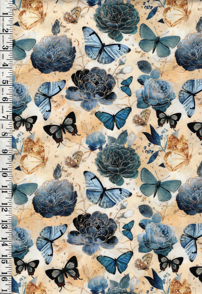 *Asian - Gilded Wings - Butterflies, Peonies & Roses - 5076-03 - Soft Butter Yellow - By the Half Yard