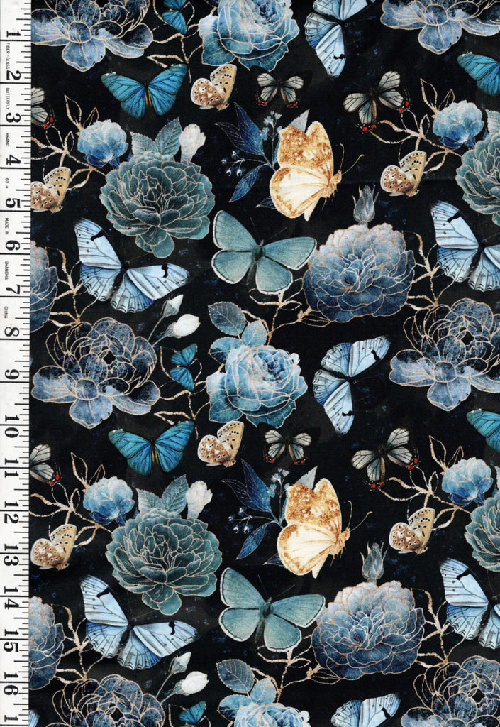 *Asian - Gilded Wings - Butterflies, Peonies & Roses - 5076-05 - Black - By the Half Yard